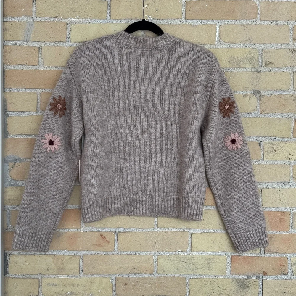 New Black Tape Taupe Sweater with Embroidered Floral Accents - Picture 5 of 5